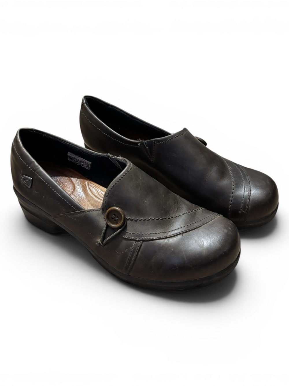 Keen Women's Dark Brown Leather Slip-On Loafers with Button Accent